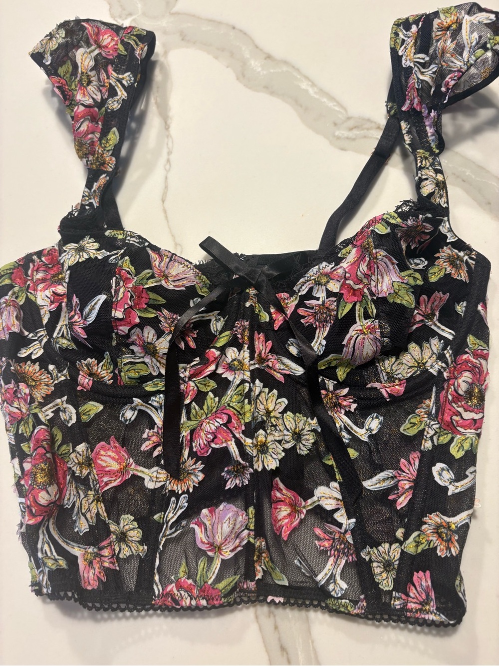 For Love & Lemons Black Floral Mesh Crop Camisole